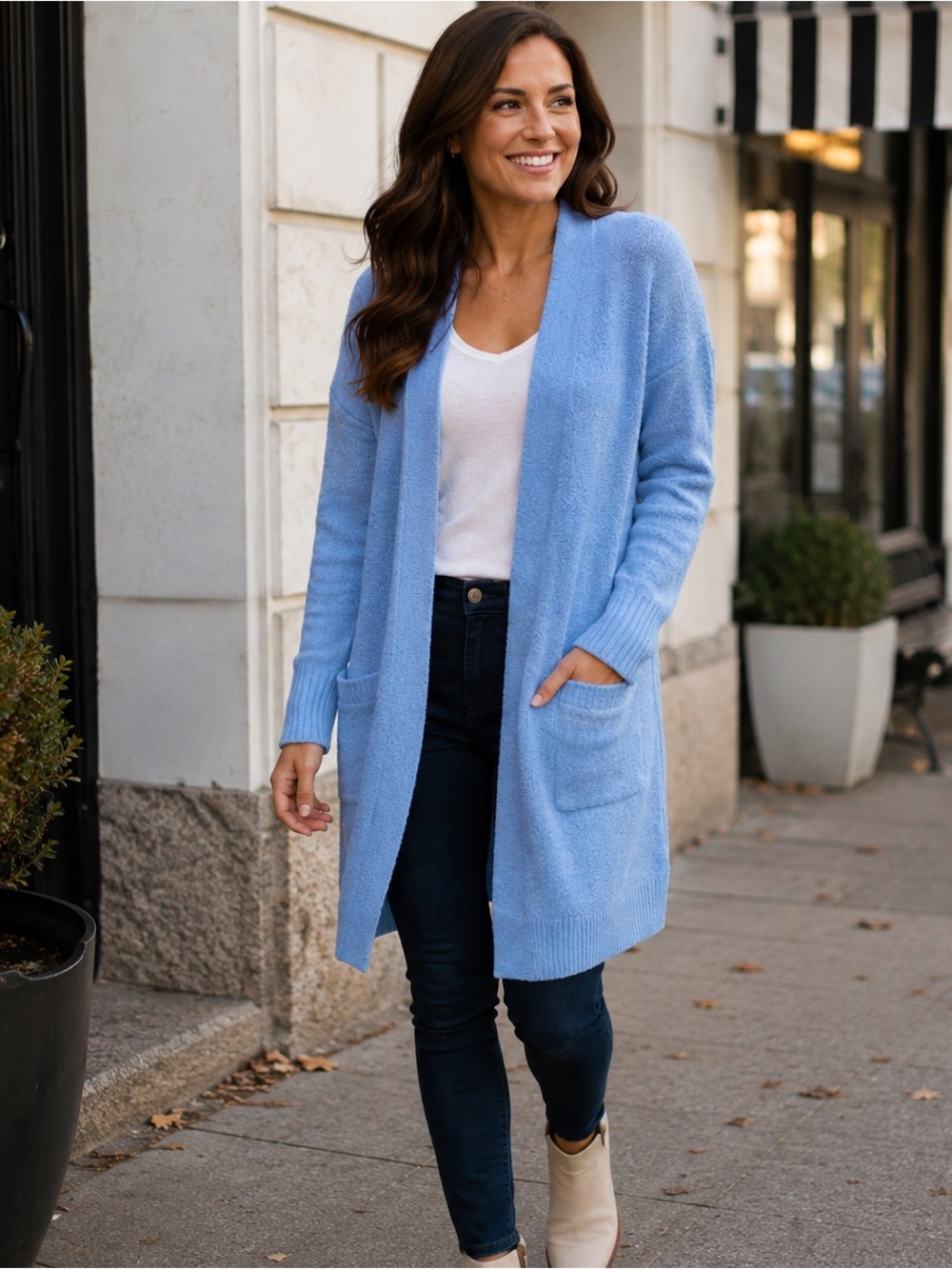 Halogen Longline Wool Blend Cardigan Sweater Blue Open Front Size S
